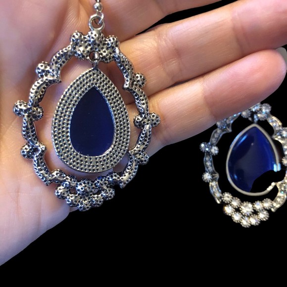 Cobalt Blue Teardrop Surrounded by Rhinestone Drop Earrings - Picture 3 of 8